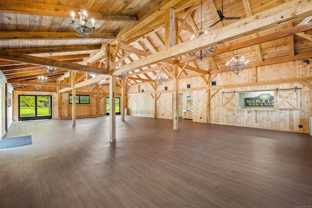 57 NW Corner Rd, Preston, CT 06365 - unfurnished living room featuring beamed ceiling, wood walls, a notable chandelier, and wooden ceiling