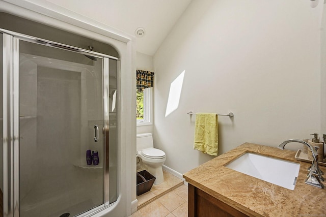 full bath with lofted ceiling, a stall shower, toilet, and tile patterned floors