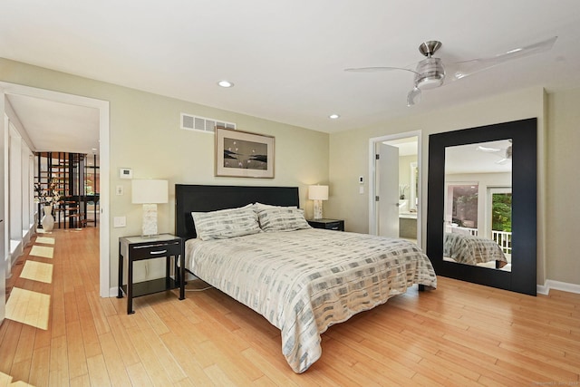 bedroom featuring access to exterior, recessed lighting, visible vents, light wood-type flooring, and baseboards