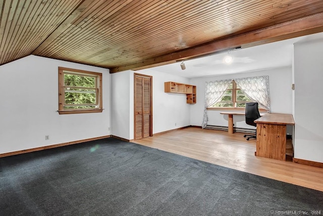 interior space featuring a baseboard heating unit, light hardwood / wood-style flooring, lofted ceiling, and wood ceiling