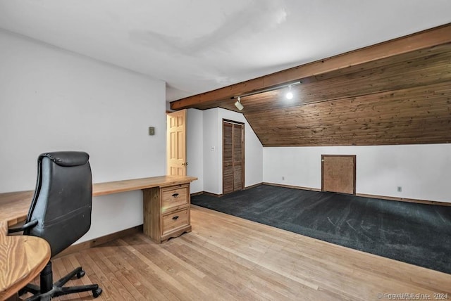 home office featuring light hardwood / wood-style floors, wooden ceiling, and vaulted ceiling