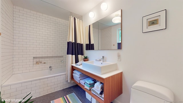 full bathroom with vanity, toilet, shower / bathtub combination with curtain, and tile patterned floors