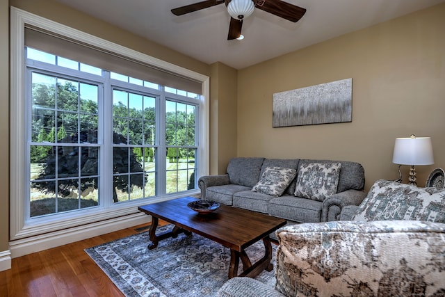 living room featuring ceiling fan and wood-type flooring