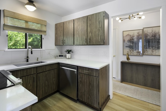 kitchen featuring sink, stainless steel dishwasher, backsplash, and light wood-type flooring