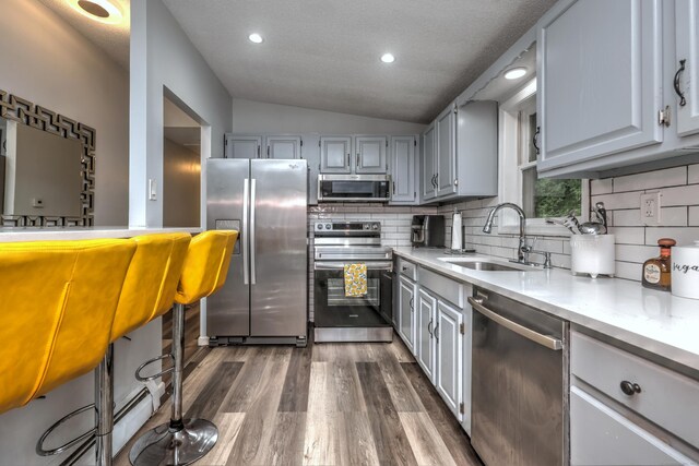 kitchen with tasteful backsplash, stainless steel appliances, dark hardwood / wood-style flooring, sink, and lofted ceiling