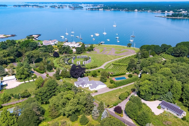 birds eye view of property featuring a water view