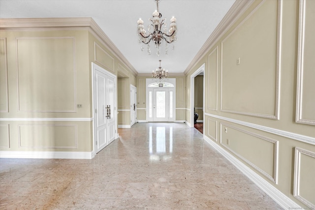 corridor with an inviting chandelier, light tile patterned floors, and ornamental molding