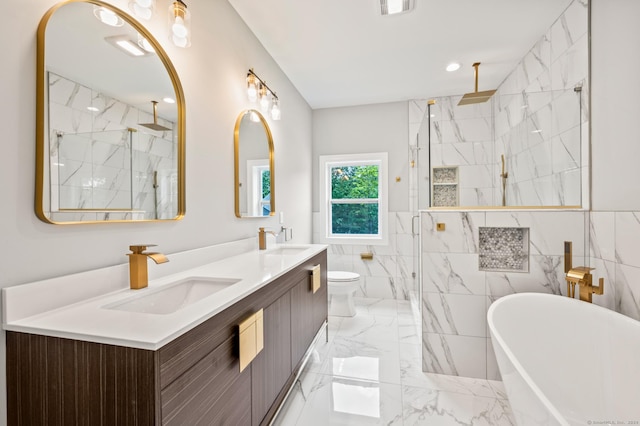 full bathroom featuring vanity, toilet, tile walls, and independent shower and bath