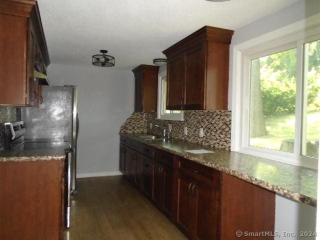 kitchen with a wealth of natural light, backsplash, wood finished floors, and a sink