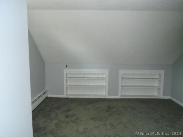 additional living space with carpet flooring, lofted ceiling, built in features, and baseboard heating