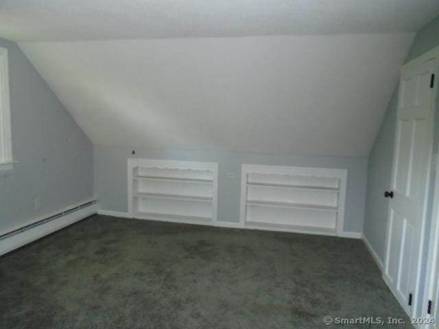 additional living space featuring built in shelves, carpet, baseboards, baseboard heating, and vaulted ceiling