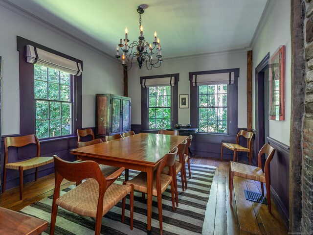 dining area featuring an inviting chandelier, dark hardwood / wood-style floors, ornamental molding, and a healthy amount of sunlight