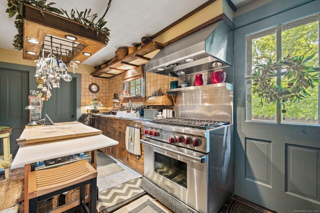 kitchen with decorative backsplash, luxury range, plenty of natural light, and range hood