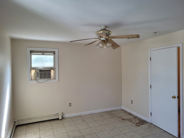 spare room with baseboard heating, cooling unit, and ceiling fan