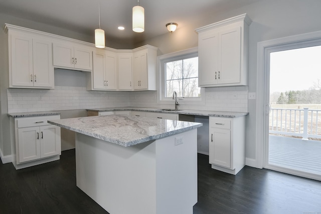 kitchen featuring stainless steel dishwasher, dark wood finished floors, white cabinetry, and a sink