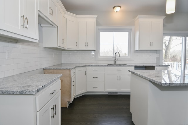 kitchen with dark wood-style floors, white cabinetry, tasteful backsplash, and a sink