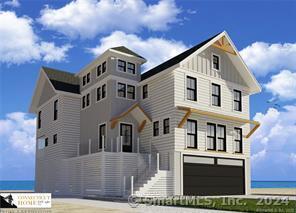 view of front facade with a water view, a balcony, and an attached garage