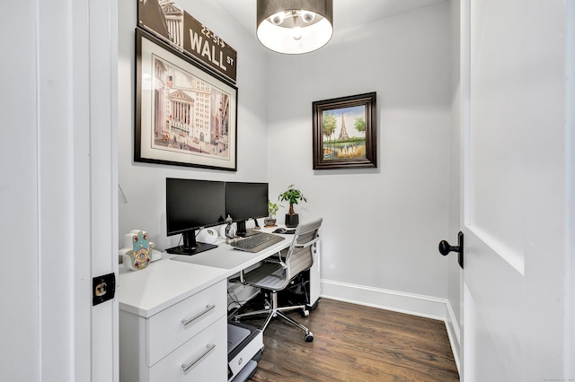 home office with dark wood-style floors and baseboards