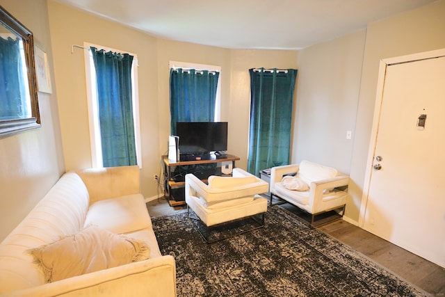 living room with dark hardwood / wood-style flooring