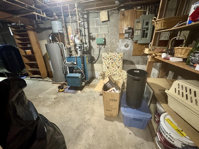 interior space featuring a heating unit, water heater, and electric panel