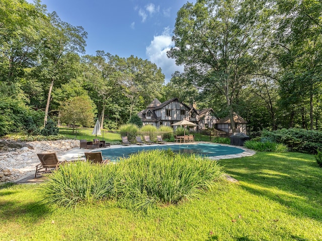 view of pool featuring a yard and a patio