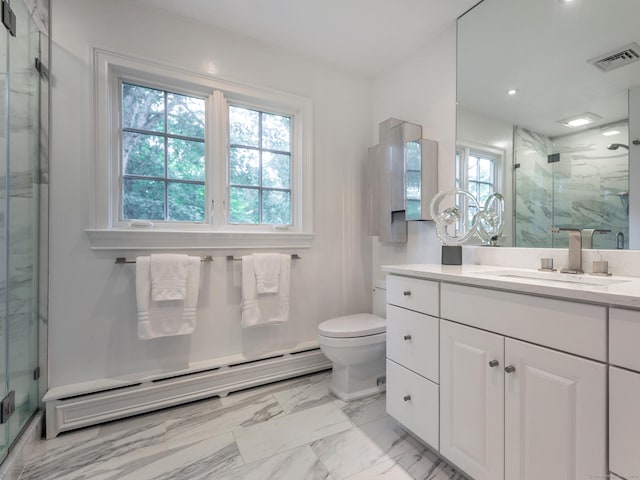 bathroom with vanity, a baseboard heating unit, toilet, and walk in shower