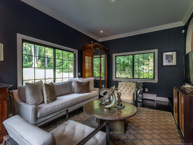 living room with crown molding