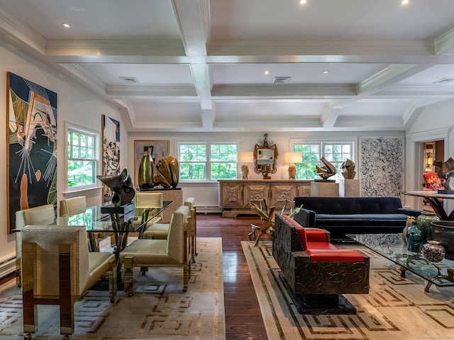 dining area with hardwood / wood-style flooring, plenty of natural light, coffered ceiling, and beam ceiling