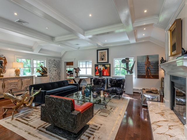 living room with coffered ceiling, ornamental molding, wood-type flooring, and beam ceiling