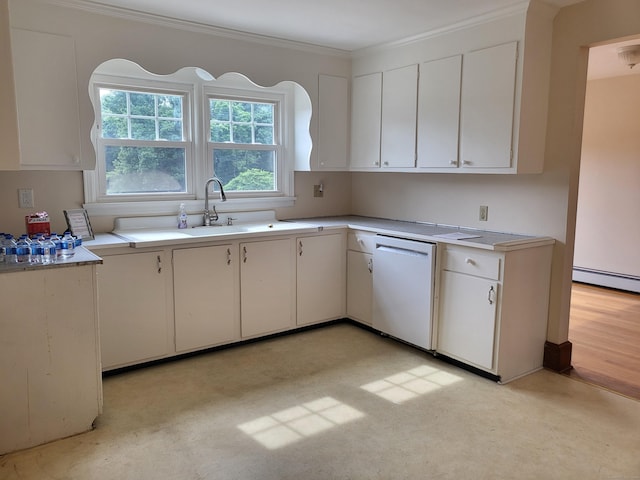 kitchen with a baseboard radiator, white dishwasher, crown molding, white cabinets, and sink