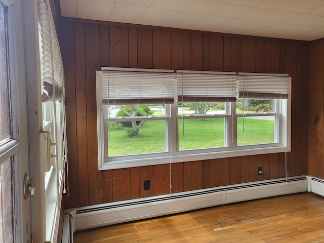 interior space with baseboard heating and wooden walls