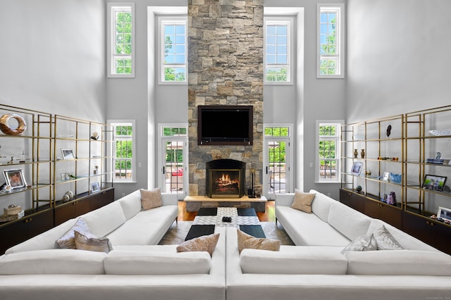 living room with plenty of natural light and a fireplace