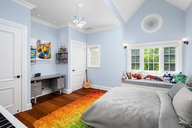 bedroom with dark wood-type flooring, lofted ceiling, an inviting chandelier, and ornamental molding