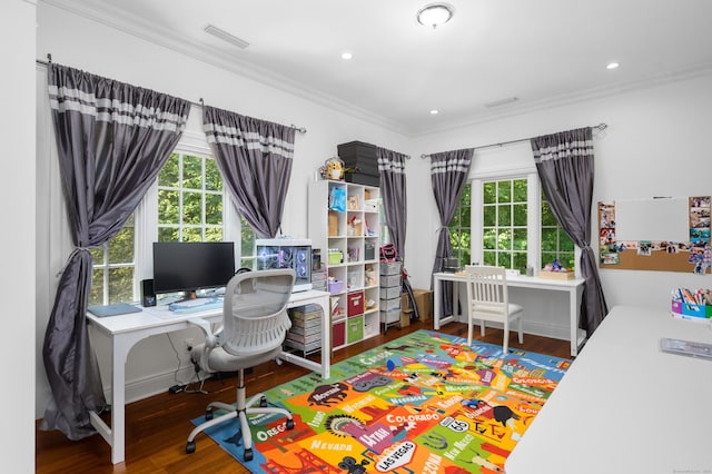 office featuring ornamental molding, dark wood-type flooring, and a healthy amount of sunlight