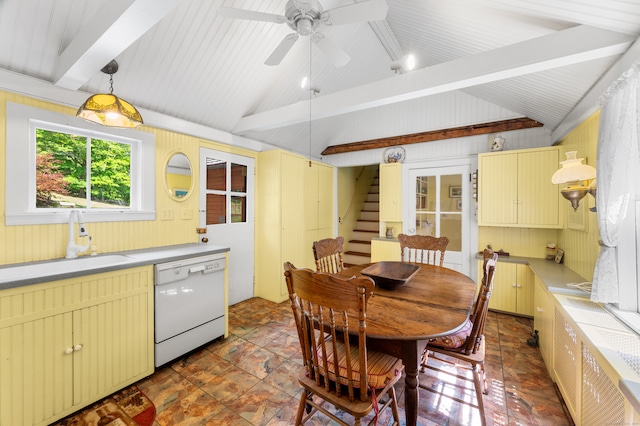 kitchen with ceiling fan, dishwasher, sink, lofted ceiling with beams, and decorative light fixtures