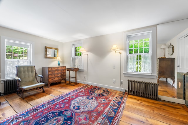 sitting room featuring plenty of natural light, radiator, and light wood-type flooring