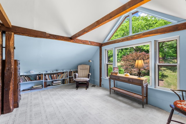 living area featuring beam ceiling, a healthy amount of sunlight, and light carpet