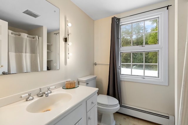 bathroom featuring vanity, toilet, a shower with curtain, and a baseboard radiator