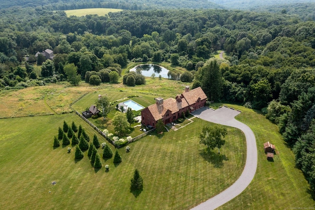 bird's eye view with a wooded view and a water view