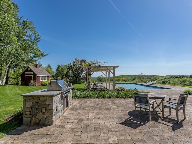 view of patio / terrace featuring an outdoor pool, a pergola, an outdoor structure, and area for grilling