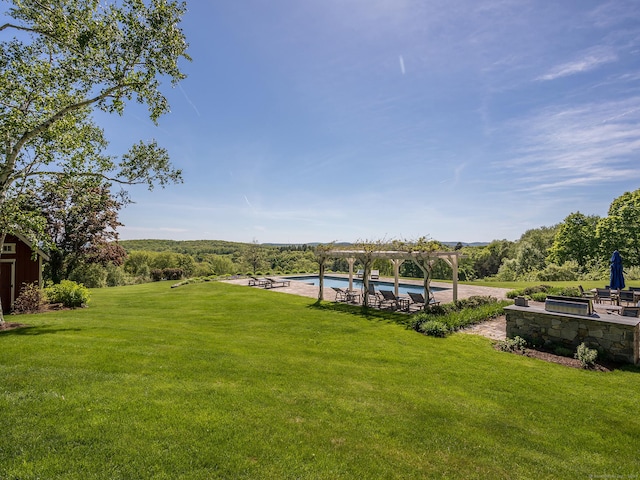 view of yard featuring a patio, a pergola, and an outdoor pool