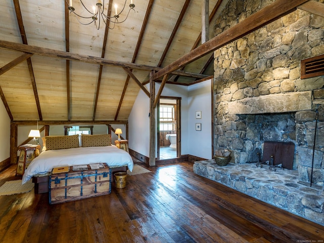 unfurnished bedroom featuring hardwood / wood-style floors, high vaulted ceiling, a notable chandelier, wooden ceiling, and beamed ceiling