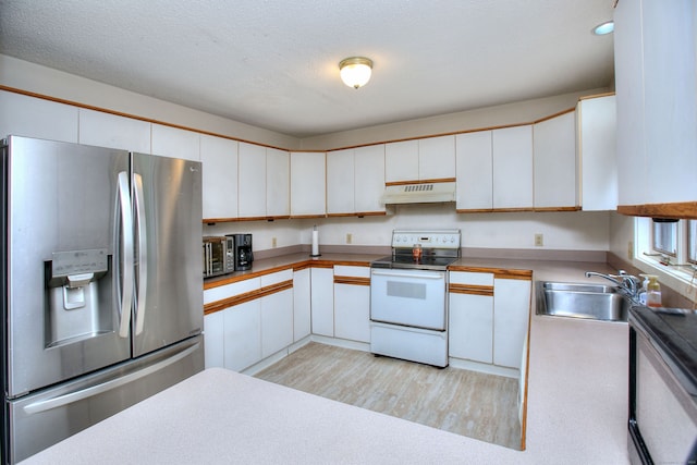 kitchen featuring white cabinets, a textured ceiling, light hardwood / wood-style flooring, white range with electric stovetop, and stainless steel refrigerator with ice dispenser