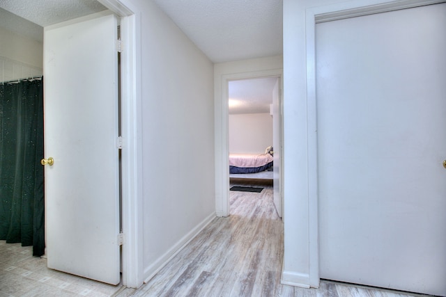 hallway with a textured ceiling and light hardwood / wood-style flooring