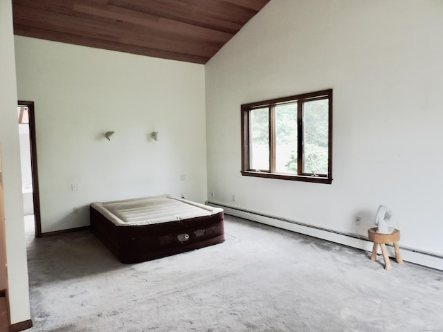 181 Scotland Rd, Sprague, CT 06330 - unfurnished bedroom featuring carpet floors, a baseboard radiator, wood ceiling, and high vaulted ceiling