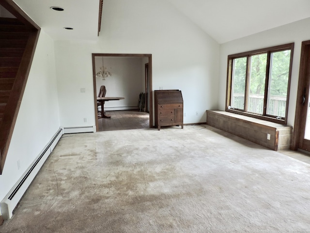 181 Scotland Rd, Sprague, CT 06330 - carpeted empty room featuring baseboard heating and vaulted ceiling
