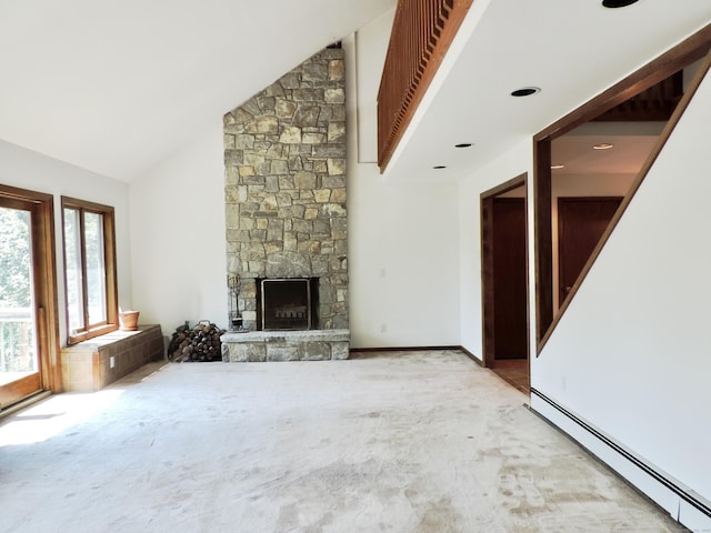 181 Scotland Rd, Sprague, CT 06330 - unfurnished living room with baseboard heating, carpet flooring, high vaulted ceiling, and a fireplace
