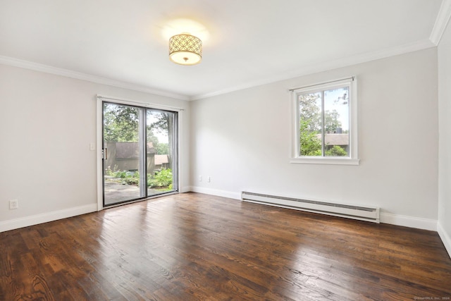 spare room featuring a baseboard radiator, plenty of natural light, and dark hardwood / wood-style flooring