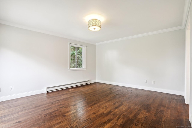 empty room featuring dark wood-type flooring, crown molding, and a baseboard heating unit