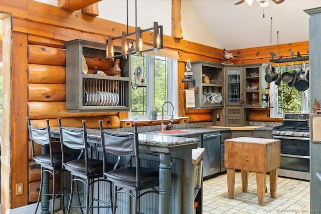 584 Prospect St, Woodstock, CT 06281 - kitchen featuring open shelves, appliances with stainless steel finishes, ceiling fan, and a sink